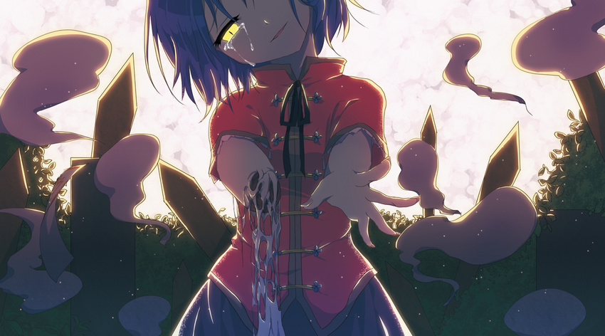 bad_id bad_pixiv_id blue_hair bow deep_wound grave graveyard head_out_of_frame head_tilt hitodama injury jiangshi looking_at_viewer miyako_yoshika ofuda ofuda_removed open_mouth outstretched_arms rotting shikitani_asuka shirt short_hair short_sleeves skirt smile solo tears touhou vest yellow_eyes zombie_pose