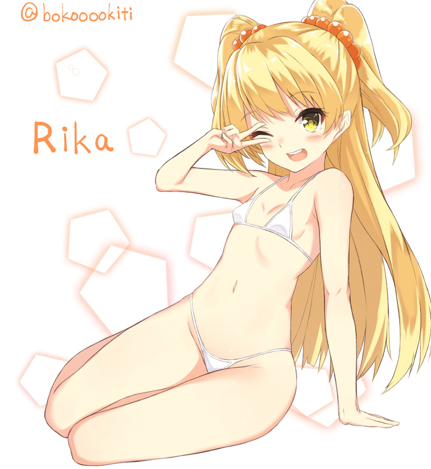 ;d anza_tomo bad_id bad_pixiv_id bikini blonde_hair blush breasts character_name hair_bobbles hair_ornament highres idolmaster idolmaster_cinderella_girls jougasaki_rika long_hair looking_at_viewer one_eye_closed open_mouth sitting small_breasts smile solo swimsuit twitter_username two_side_up v white_bikini yellow_eyes