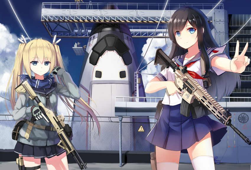 allenes angled_foregrip assault_rifle benelli_m1014 black_hair blonde_hair blue_eyes collaboration eotech gloves gun hair_ribbon handgun highres holster knife long_hair m4_carbine multiple_girls original ribbon rifle scarf school_uniform serafuku shotgun space_craft space_shuttle thigh_holster thighhighs trigger_discipline twintails v weapon yuri_shoutu zettai_ryouiki