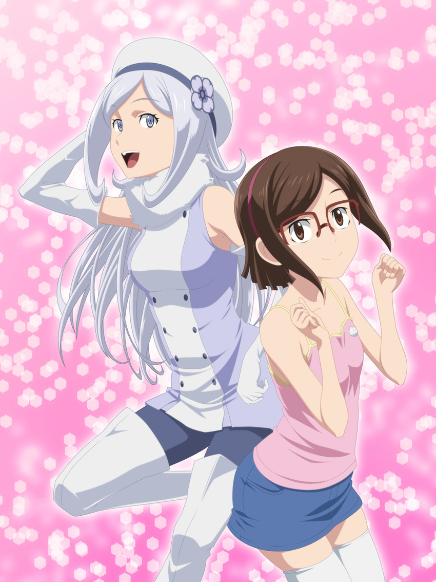 aila_jyrkiainen bare_shoulders beret blue_eyes blush boots breasts brown_eyes brown_hair camisole denim denim_skirt elbow_gloves glasses gloves gundam gundam_build_fighters hairband hat highres kousaka_china long_hair looking_at_viewer medium_breasts multiple_girls over-rim_eyewear pantyhose red-framed_eyewear semi-rimless_eyewear short_hair silver_hair skirt small_breasts smile smile_(rz) thigh_boots thighhighs white_footwear white_legwear