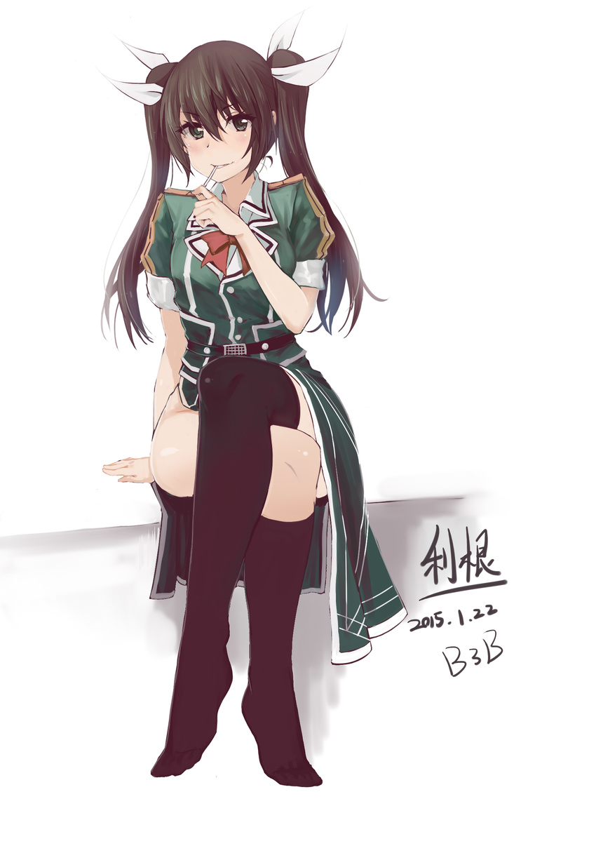 2015 absurdres arm_support b3b black_eyes black_hair crossed_legs dated grin hair_ribbon highres kantai_collection kneehighs long_hair no_panties no_shoes pelvic_curtain remodel_(kantai_collection) ribbon signature sitting smile solo thighhighs tone_(kantai_collection) twintails white_ribbon