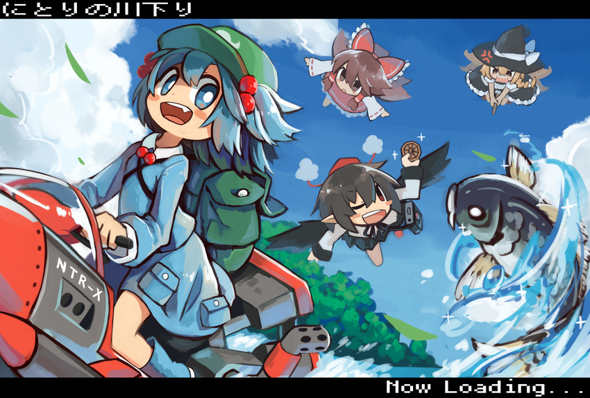 ;d black_hair black_wings blonde_hair blue_eyes blue_hair blush_stickers bow broom broom_riding brown_hair fang fish flying hair_bobbles hair_bow hair_ornament hakurei_reimu hat kawashiro_nitori kirisame_marisa letterboxed loading_screen multiple_girls one_eye_closed open_mouth pointy_ears red_eyes shameimaru_aya short_hair smile tokin_hat touhou translated two_side_up water wings zizi_niisan