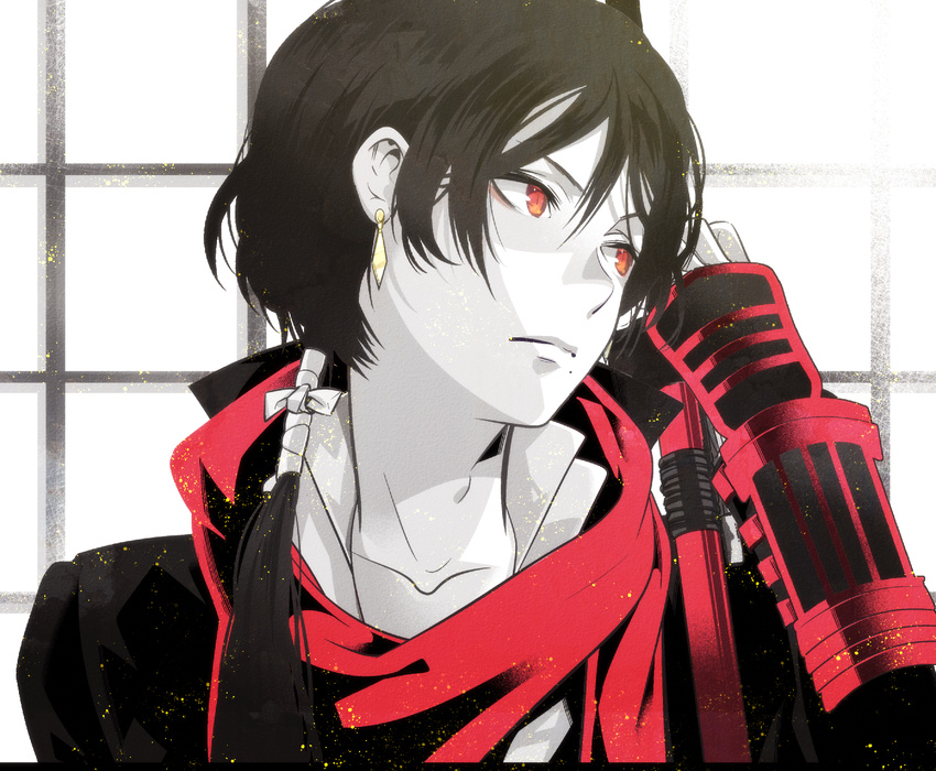 black_hair earrings jewelry kashuu_kiyomitsu kuso_bba limited_palette long_hair male_focus mole mole_under_mouth ponytail red_eyes red_scarf scarf solo touken_ranbu