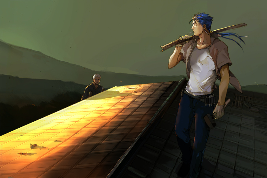 archer blue_hair casual crimo dark_skin dark_skinned_male fate/stay_night fate_(series) lancer multiple_boys rooftop white_hair