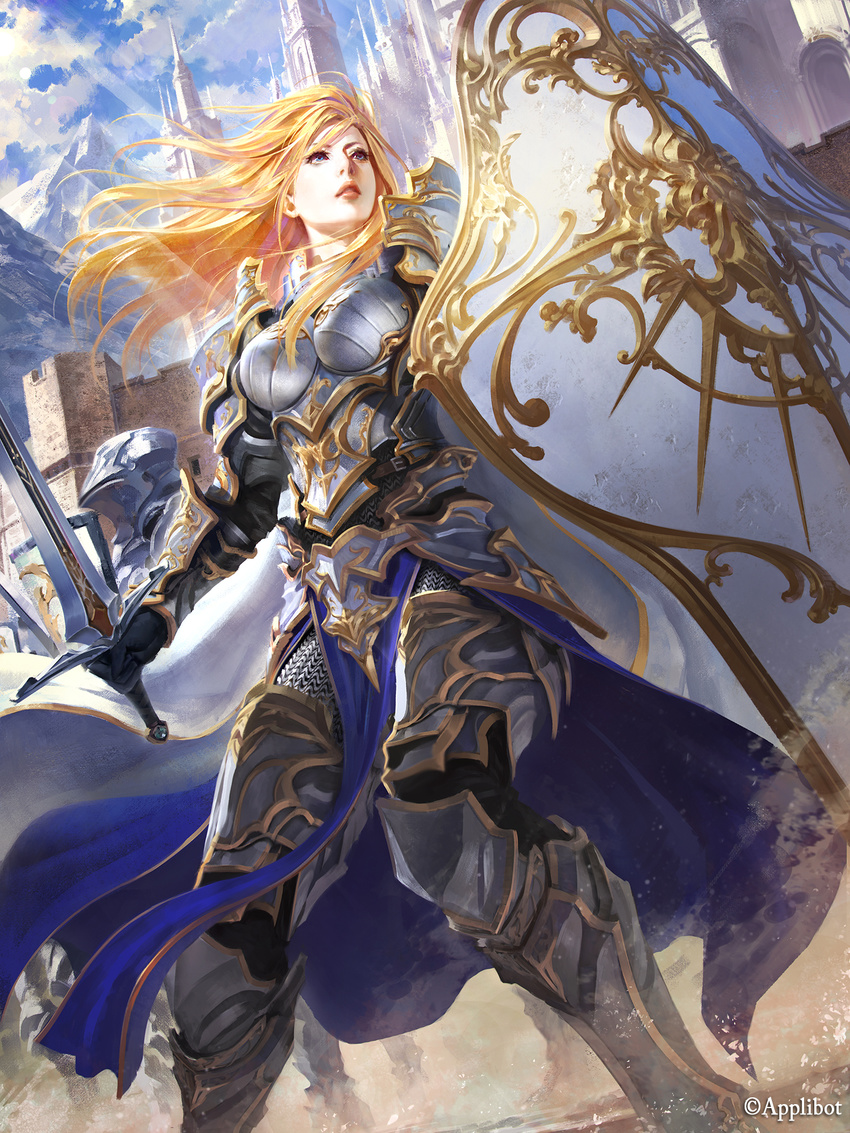 armor black_gloves blonde_hair blue_eyes breasts castle chainmail city cloud company_name day fantasy from_below gloves highres holding holding_sword holding_weapon knight light_rays lips long_hair medium_breasts mountain official_art original outdoors pauldrons shield shuichi_wada sky solo_focus standing sunlight sword vambraces watermark weapon wind