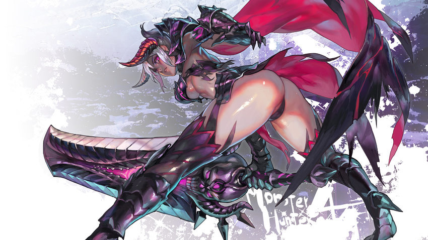 aoin armor ass bikini_armor boots breasts cape gauntlets gore_magala_(armor) high_heels highres horns huge_weapon large_breasts looking_back monster_hunter monster_hunter_4 panties parted_lips red_eyes shiny shiny_skin silver_hair sword thigh_boots thighhighs thong underboob underwear weapon