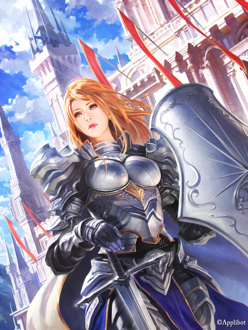 armor banner blonde_hair blue_eyes cape chainmail city dutch_angle fantasy highres knight light_rays looking_afar official_art original shield shuichi_wada solo sword weapon
