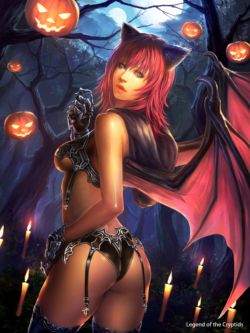 animal_ears armor ass bangs bare_shoulders bat_wings bikini_armor breasts candle cat_ears claws copyright_name cowboy_shot demon_girl demon_wings forest from_behind full_moon garter_straps gauntlets grey_eyes halloween highres hood hood_down jack-o'-lantern legend_of_the_cryptids lips lipstick looking_at_viewer looking_back makeup medium_breasts moon multiple_moons nature night official_art outdoors parted_lips pink_hair red_hair shiny shiny_skin shuichi_wada slit_pupils solo standing succubus thighhighs underboob underwear watermark wings