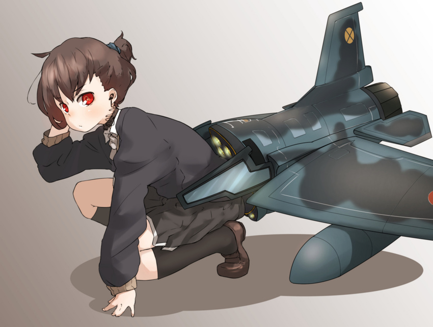 aircraft airplane amonitto brown_hair f-2 hand_in_hair long_sleeves looking_at_viewer machinery mecha_musume original personification ponytail red_eyes shirt skirt solo squatting