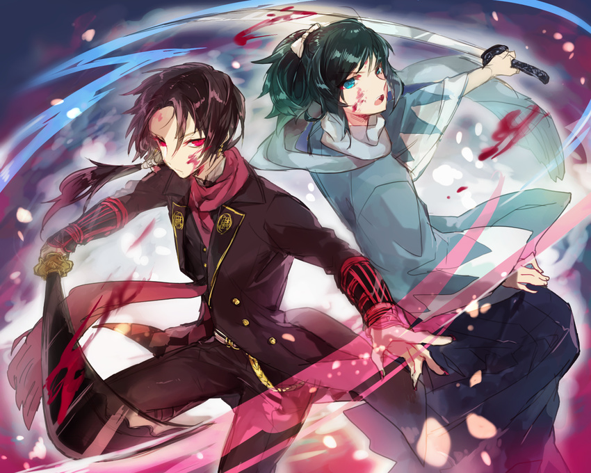 back-to-back battle blood blue_eyes earrings green_hair hakama haori highres japanese_clothes jewelry kairi_(kai_ri) kashuu_kiyomitsu katana long_hair male_focus mole mole_under_eye mole_under_mouth multiple_boys nail_polish purple_hair red_eyes red_nails red_scarf scarf shinsengumi sword touken_ranbu weapon white_scarf yamato-no-kami_yasusada