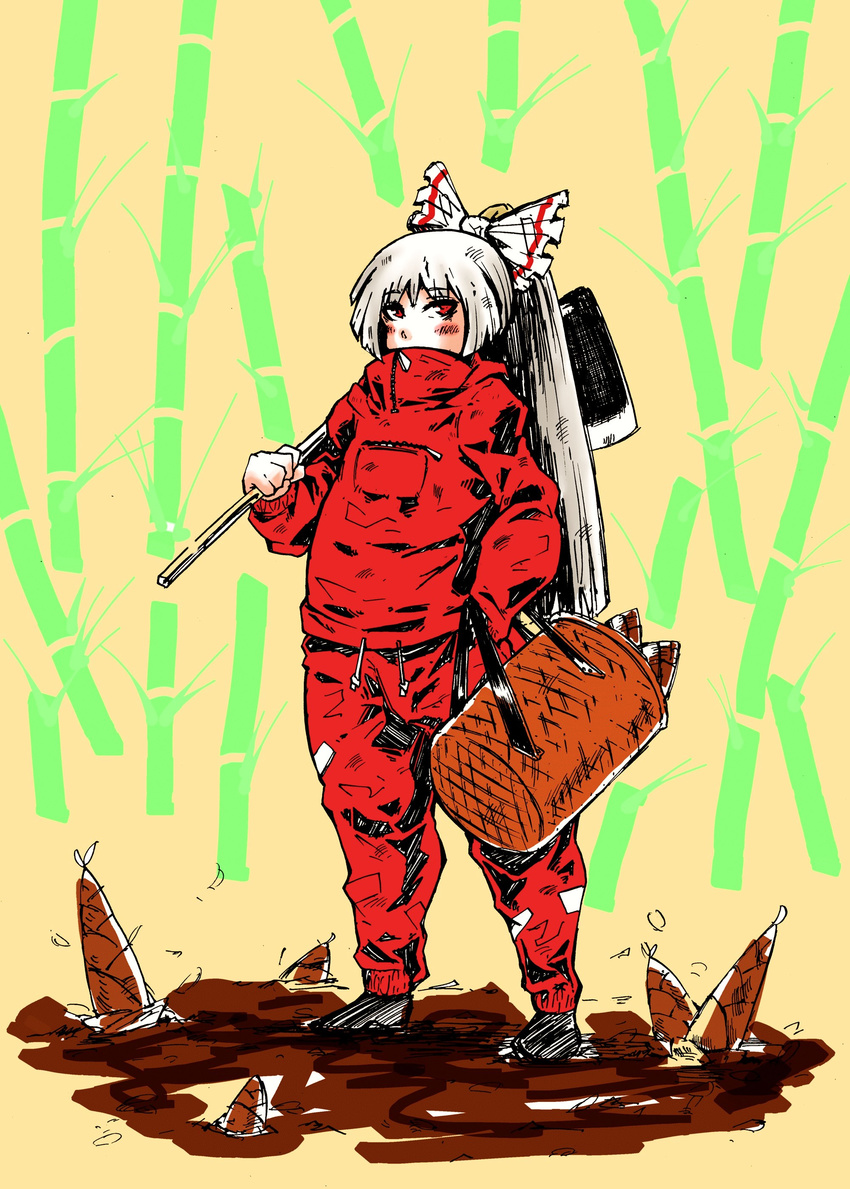 absurdres alternate_costume bamboo bamboo_shoot basket bow fujiwara_no_mokou hair_bow highres hoe long_hair nehitsuji_(syatihokoga) red_eyes silver_hair solo touhou