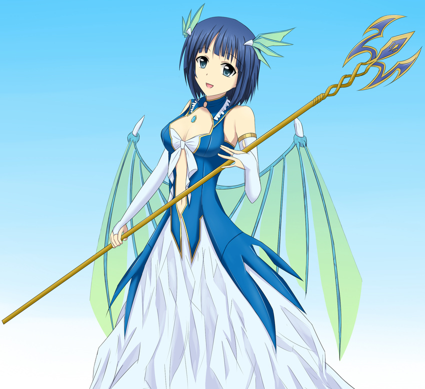 :d blue_background blue_eyes blue_hair bodice breasts bridal_gauntlets cosplay dragon_wings dress green_wings hair_ornament hayami_saori head_wings highres kachimira leviathan_(zettai_bouei_leviathan) leviathan_(zettai_bouei_leviathan)_(cosplay) long_dress looking_at_viewer medium_breasts navel open_mouth polearm sachi_(sao) seiyuu_connection short_hair smile solo sword_art_online trident weapon wings zettai_bouei_leviathan