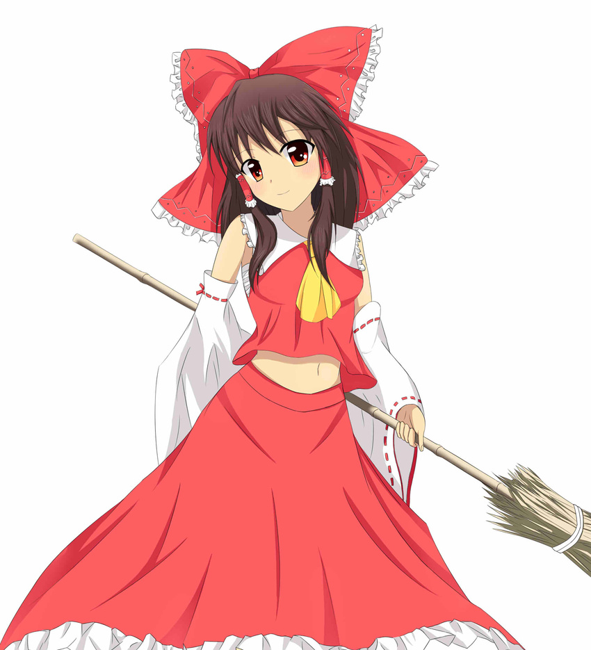 bad_id bad_pixiv_id bamboo_broom blush bow broom brown_hair detached_sleeves hair_bow hair_ribbon hair_tubes hakurei_reimu highres jpeg_artifacts kachimira large_bow long_hair long_skirt midriff navel red_eyes ribbon ribbon-trimmed_sleeves ribbon_trim sarashi skirt skirt_set solo touhou vest wide_sleeves