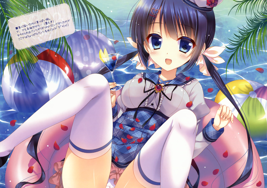 absurdres aoi_yurina ball beachball blue_eyes blue_hair blush breasts cocktail_glass cup drinking_glass hair_ornament hair_ribbon hairclip hat highres idolive innertube knees_up long_legs looking_at_viewer medium_breasts mitsu_king open_mouth original panties pantyshot petals ribbon skirt solo thighhighs twintails underwear water white_legwear