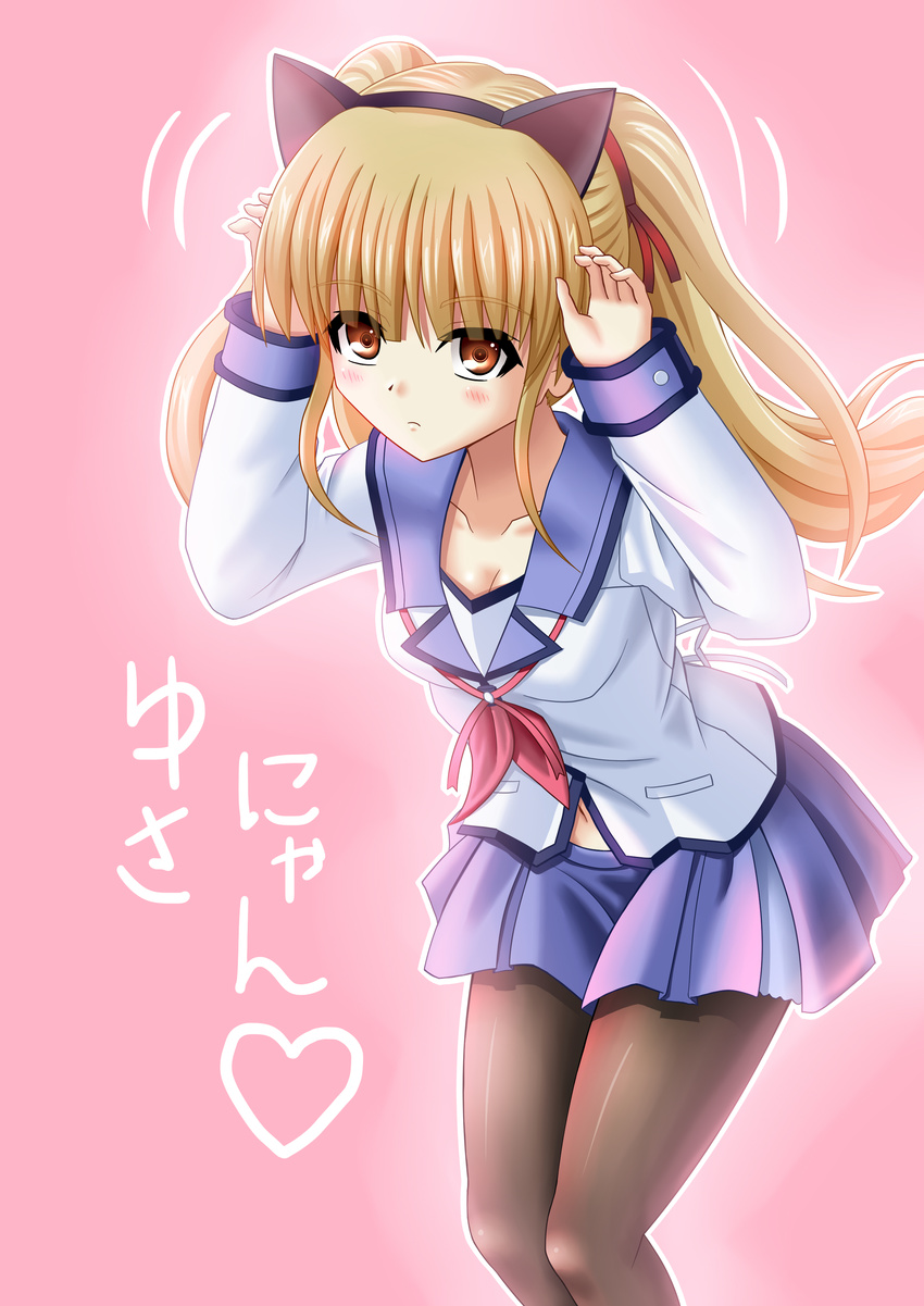 absurdres angel_beats! animal_ears blonde_hair cat_ears highres long_hair nekogoya pantyhose paw_pose school_uniform serafuku shinda_sekai_sensen_uniform twintails yusa_(angel_beats!)