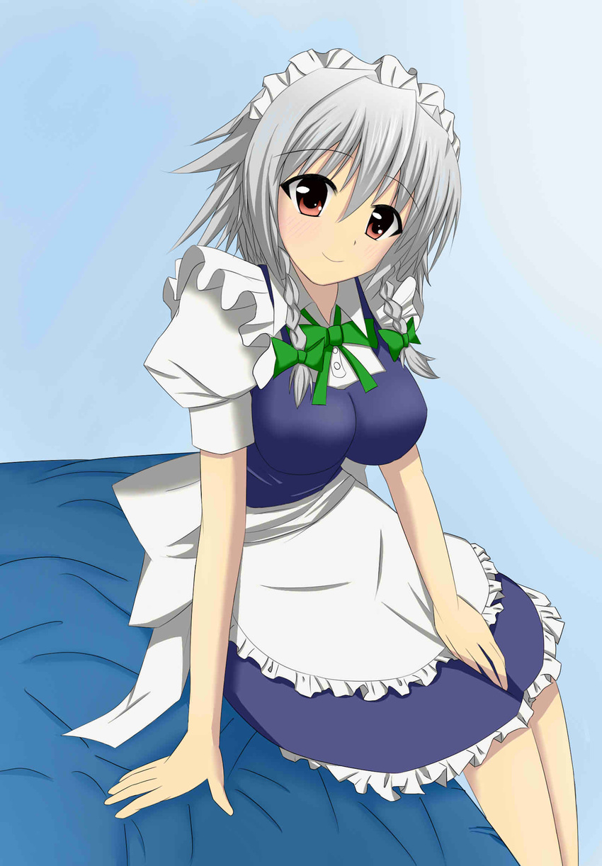 apron bed blush braid breasts dress highres izayoi_sakuya kachimira large_breasts looking_at_viewer maid maid_apron maid_headdress on_bed puffy_short_sleeves puffy_sleeves red_eyes short_hair_with_long_locks short_sleeves silver_hair sitting sitting_on_bed smile solo touhou twin_braids