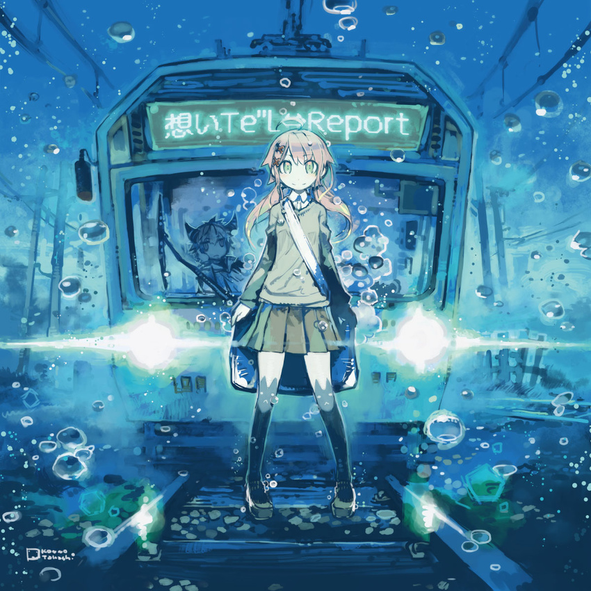 1girl air_bubble album_cover bag blue brown_hair bubble chin_rest cover flood green_eyes ground_vehicle hair_ornament highres horns immersed konno_takashi looking_at_viewer original railroad_tracks school_bag school_uniform signature smile submerged sweater_vest thighhighs train twintails underwater