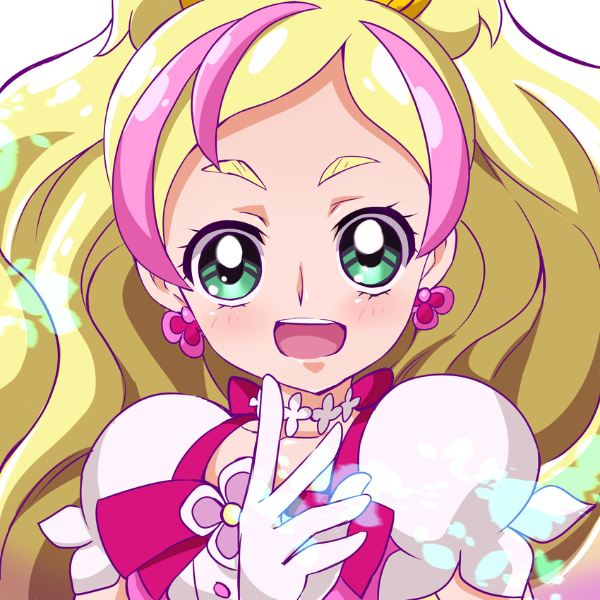 absurdres bad_id bad_pixiv_id blonde_hair bow choker cure_flora earrings face gloves go!_princess_precure green_eyes haruno_haruka highres jewelry long_hair magical_girl multicolored_hair pink_bow pink_hair precure puffy_short_sleeves puffy_sleeves sharumon short_sleeves smile solo streaked_hair two-tone_hair