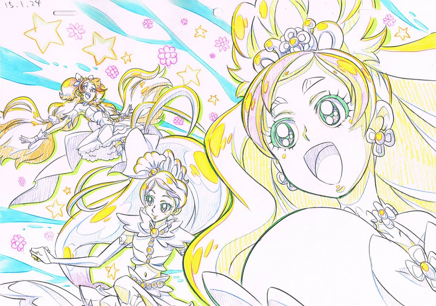 amanogawa_kirara arm_warmers bare_shoulders bow choker color_trace cure_flora cure_mermaid cure_twinkle earrings flower_earrings frilled_skirt frills gloves go!_princess_precure hair_ornament hair_ribbon half_updo haruno_haruka heart itaoka1 jewelry kaidou_minami long_hair magical_girl midriff multiple_girls navel open_mouth partially_colored ponytail precure puffy_sleeves quad_tails ribbon sketch skirt smile star star_earrings thighhighs traditional_media twintails very_long_hair