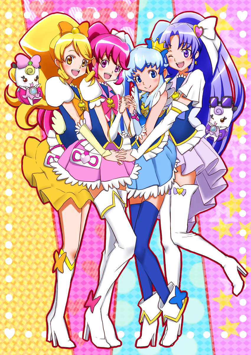 ;d absurdres aino_megumi amawa_kazuhiro ankle_boots blonde_hair blue_eyes blue_hair blue_legwear blue_skirt blush boots bow choker crown cure_fortune cure_honey cure_lovely cure_princess earrings gurasan_(happinesscharge_precure!) hair_ornament hair_ribbon happinesscharge_precure! heart heart_hair_ornament highres hikawa_iona jewelry knee_boots long_hair looking_at_viewer magical_girl multiple_girls one_eye_closed oomori_yuuko open_mouth pink_bow pink_eyes pink_hair pink_skirt ponytail precure purple_eyes purple_hair ribbon ribbon_(happinesscharge_precure!) shirayuki_hime skirt smile thigh_boots thighhighs twintails white_footwear white_legwear wide_ponytail wrist_cuffs yellow_eyes zettai_ryouiki