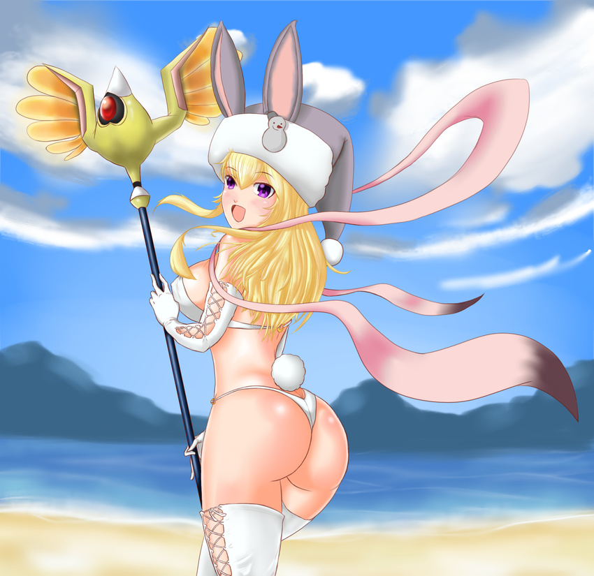 :d animal_ears ass bangs bikini blonde_hair blue_sky blush breasts bunny_ears bunny_girl bunny_tail caduceus character_request cloud cloudy_sky covered_nipples cross-laced_gloves cross-laced_legwear day elbow_gloves eyebrows_visible_through_hair gloves happy highres holding holding_staff jman large_breasts long_hair looking_at_viewer md5_mismatch mid-stride mountainous_horizon narrow_waist open_mouth outdoors phantasy_star phantasy_star_online_2 purple_eyes self_upload sky smile solo staff swimsuit tail thighhighs white_bikini white_gloves white_legwear