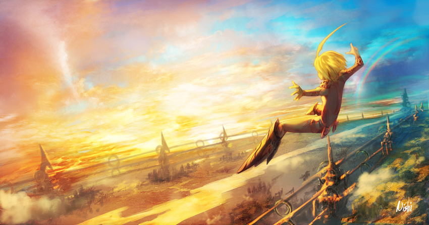 2c blonde_hair landscape long_hair male_focus midair original rainbow scenery solo sun