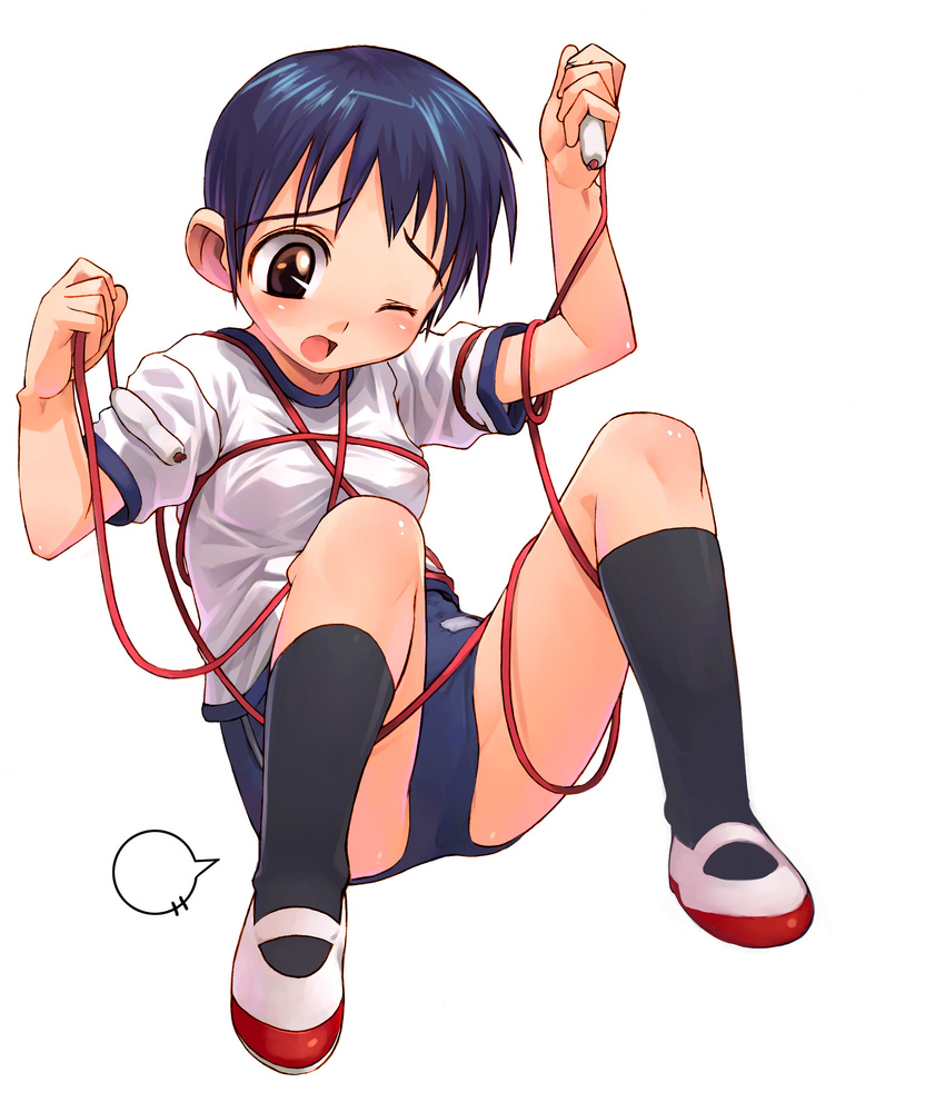 accident black_legwear blue_hair blush brown_eyes buruma copyright_request full_body gym_uniform highres holding jump_rope open_mouth red_rope rope satou_toshiyuki shoes short_hair short_sleeves simple_background socks solo speech_bubble uwabaki white_background wince
