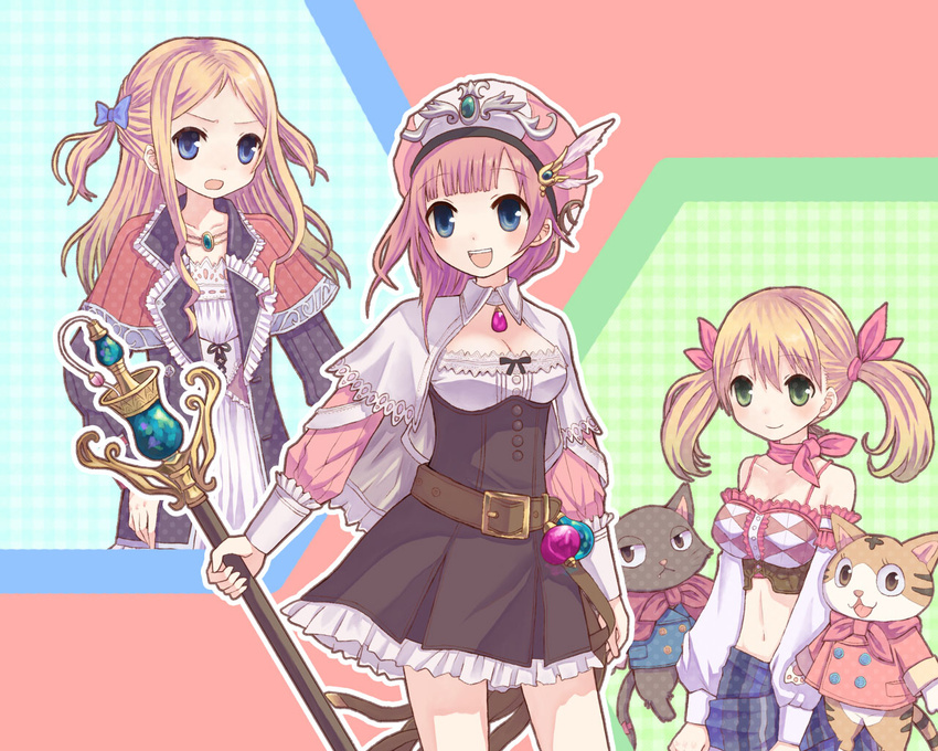 aranya_(atelier) atelier_(series) atelier_rorona blonde_hair blue_eyes breasts brown_dress cat cleavage cuderia_von_feuerbach dress flat_chest green_eyes hair_ornament hat hinuki_marina horoholo_(atelier) jewelry large_breasts lionela_heinze midriff multiple_girls one_side_up pendant red_hair ribbon rororina_fryxell staff twintails white_sleeves