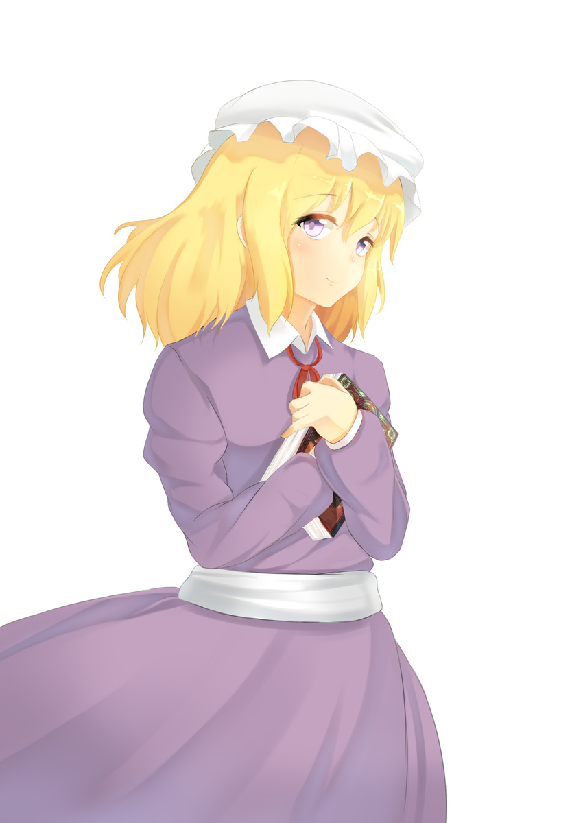 absurdres blonde_hair book hat highres holding holding_book maribel_hearn necktie purple_eyes septet_(zrca_janne) solo touhou white_background