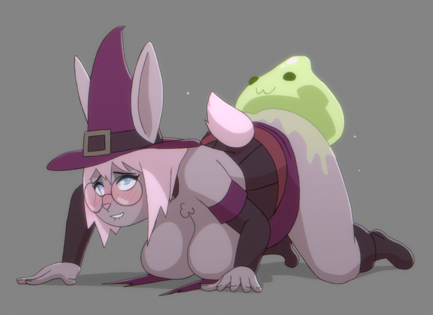 2019 2d_animation animated anthro big_breasts blush breasts butt clothing eyewear female glasses goo_creature hat lagomorph mammal omegaozone rabbit sex simple_background slightly_chubby slime smile witch_hat