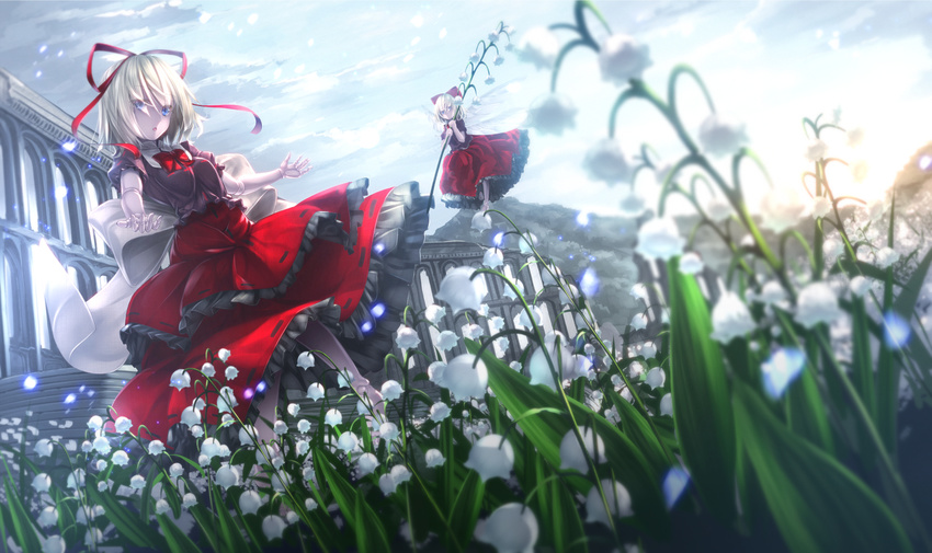 :o blonde_hair blue_eyes bow doll_joints dress fairy_wings field flower flower_field frilled_dress frills hair_ribbon lily_of_the_valley looking_at_viewer medicine_melancholy neck_ribbon outdoors puffy_short_sleeves puffy_sleeves ribbon ryosios short_hair short_sleeves su-san touhou wings