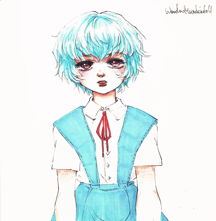 ayanami_rei blue_hair highres neon_genesis_evangelion pale_skin red_eyes ribbon school_uniform short_hair solo traditional_media white_background womu