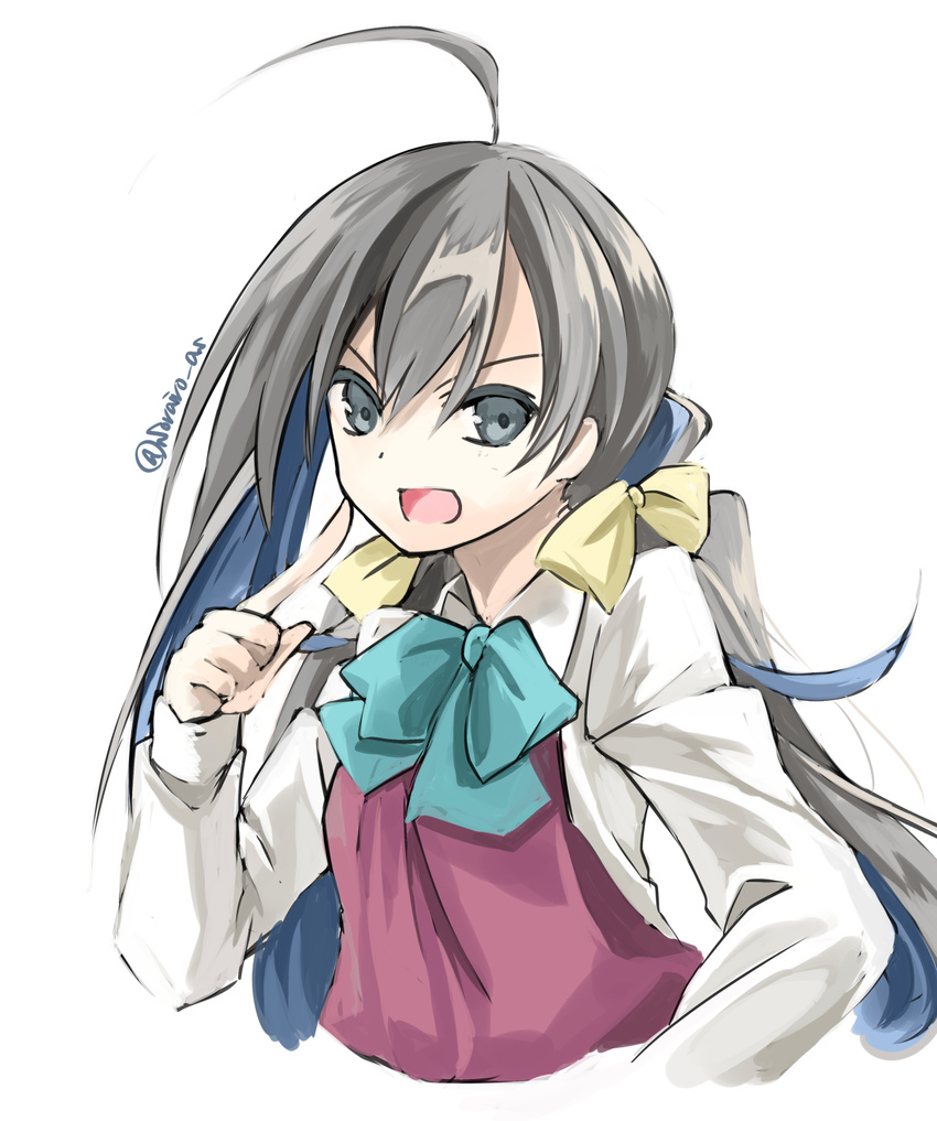 ahoge bad_id bad_pixiv_id blue_hair finger_to_cheek hair_ribbon highres kantai_collection kiyoshimo_(kantai_collection) multicolored_hair neck_ribbon open_mouth pointing pointing_at_self ribbon school_uniform silver_eyes silver_hair solo twitter_username two-tone_hair upper_body yuihira_asu