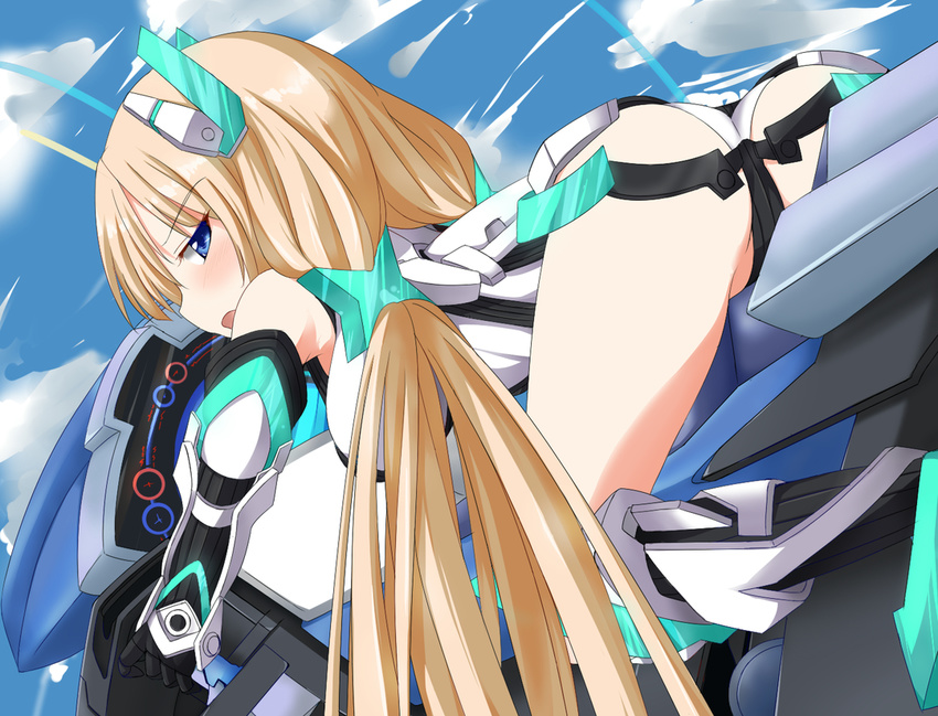 1girl angela_balzac artist_request ass bare_shoulders blonde_hair blue_eyes blush bodysuit breasts cockpit elbow_gloves expelled_from_paradise from_behind gloves headgear joney leotard long_hair looking_at_viewer looking_back low_twintails open_mouth rakuen_tsuihou solo twintails very_long_hair