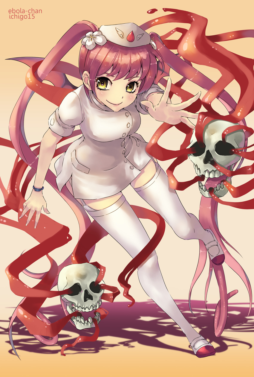 absurdres bangs blush character_name ebola-chan flower full_body garter_straps hair_flower hair_ornament hat highres long_hair looking_at_viewer nurse nurse_cap original palms personification pink_hair shadow side_slit skull smile solo teeth thighhighs time_(fiftean) twintails very_long_hair yellow_eyes zettai_ryouiki