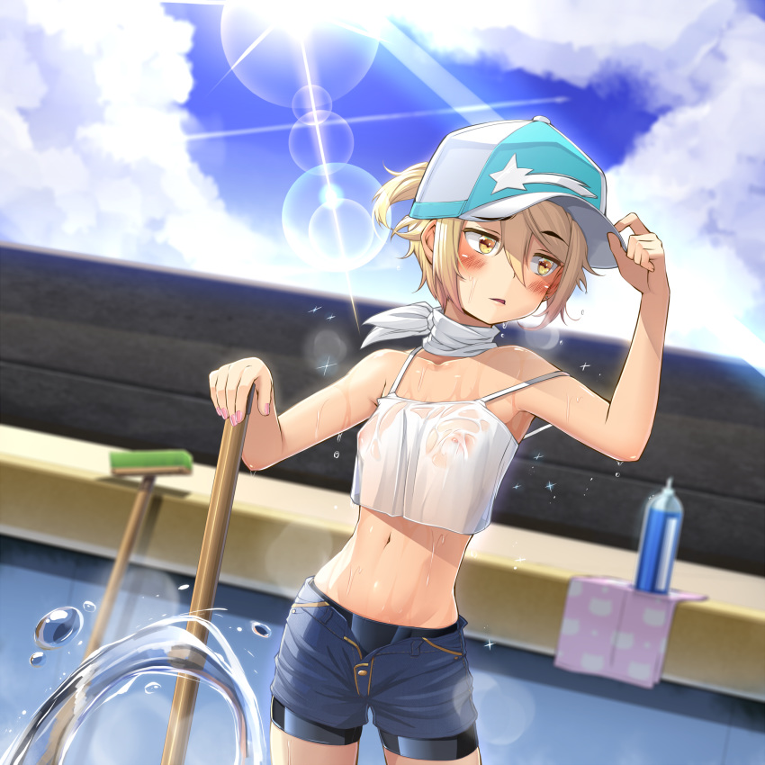 1girl armpits bangs bare_arms bare_shoulders baseball_cap bike_shorts bike_shorts_under_shorts blonde_hair blue_shorts blue_sky blurry breasts breath camisole cloud cloudy_sky collarbone cowboy_shot crop_top depth_of_field diffraction_spikes hair_between_eyes handkerchief hat highres holding_mop kitsunerider legs_apart light_rays looking_to_the_side midriff nail_polish navel nipples open_fly original outdoors ponytail see-through shirt short_hair short_shorts shorts sidelocks sky small_breasts solo spray_can standing stomach strap_slip sunbeam sunlight water wet wet_clothes white_shirt