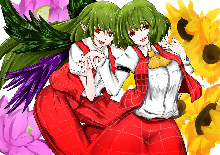 armband ascot colored_eyelashes dual_persona fang floral_background flower folded_leg green_hair head_tilt head_to_head highres holding_hands kazami_yuuka long_hair long_sleeves looking_at_viewer negataipa open_clothes open_mouth open_vest pants plaid plaid_pants plaid_skirt plaid_vest pointy_ears red_eyes seihou short_hair short_sleeves skirt smile sunflower touhou very_long_hair vest white_background wings