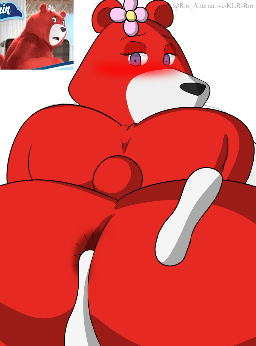 anthro anus blush breasts butt charmin charmin_ultra_soft_mom cum cum_in_ass cum_inside cum_on_butt female flower fur hi_res invalid_tag klr-rio looking_at_viewer looking_back mammal mascot nude plant red_fur simple_background solo ursine