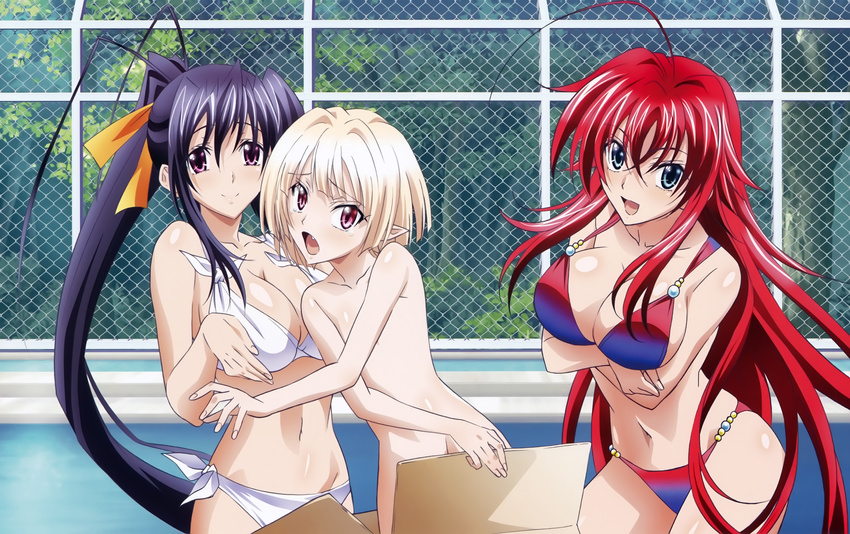 2girls absurdres ahoge bikini blonde_hair blue_hair breast_hold breasts cleavage clothed_female_nude_male dengeki_g's fang gasper_vladi gotou_junji green_eyes high_school_dxd high_school_dxd_new highres himejima_akeno huge_ahoge huge_filesize large_breasts long_hair magazine_scan multiple_girls navel non-web_source nude official_art otoko_no_ko pointy_ears pool poolside purple_eyes red_eyes red_hair rias_gremory scan short_hair side-tie_bikini smile strap_gap swimsuit tears textless very_long_hair water