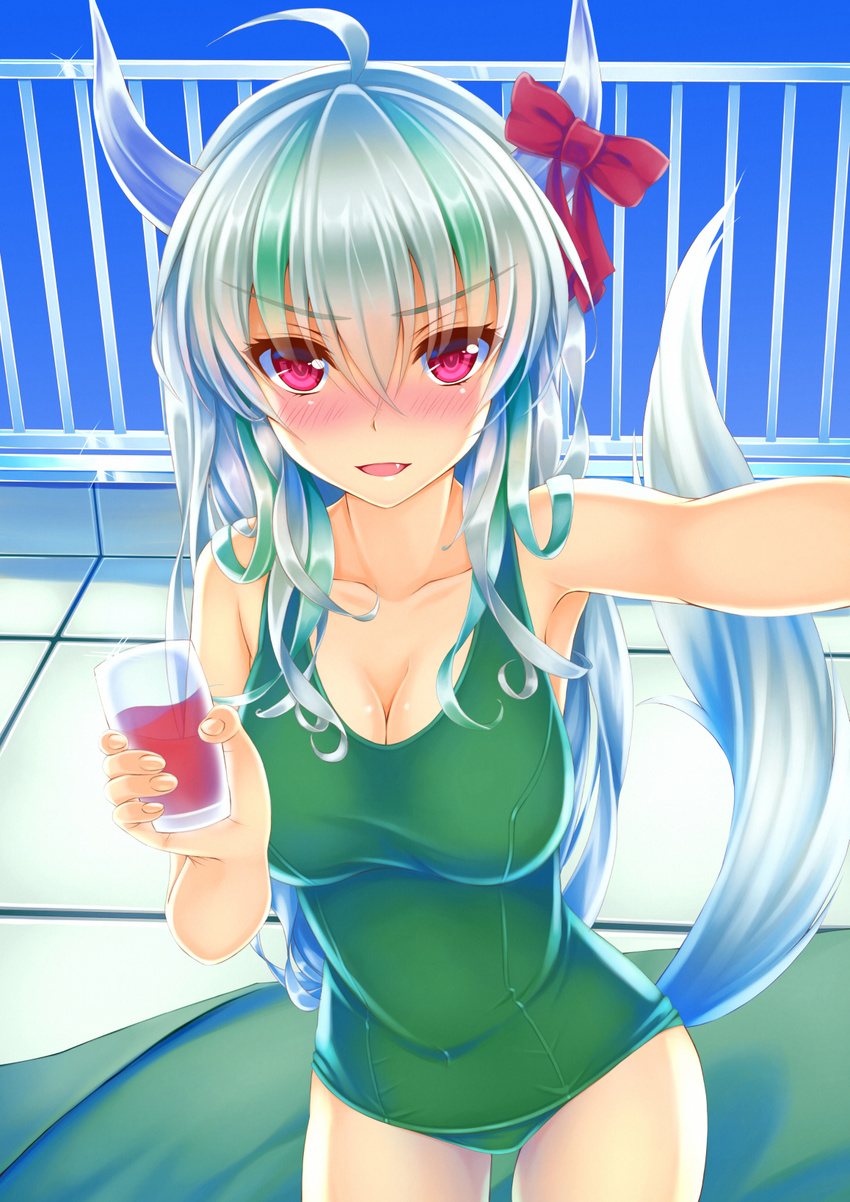 ahoge alternate_color_school_swimsuit armpits bad_id bad_pixiv_id blush bow breasts cleavage collarbone drink ex-keine fang green_hair green_swimsuit hair_bow highres holding horn_ribbon horns kamishirasawa_keine kitou_kaitai large_breasts long_hair looking_at_viewer multicolored_hair one-piece_swimsuit open_mouth reaching_out red_eyes ribbon school_swimsuit self_shot silver_hair smile solo swimsuit tail touhou