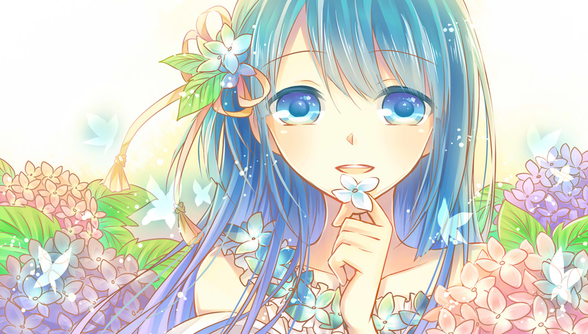 absurdres blue_eyes blue_hair blush bug butterfly flower hair_flower hair_ornament highres hydrangea insect kam_(kkying2008) long_hair looking_at_viewer open_mouth original smile solo upper_body