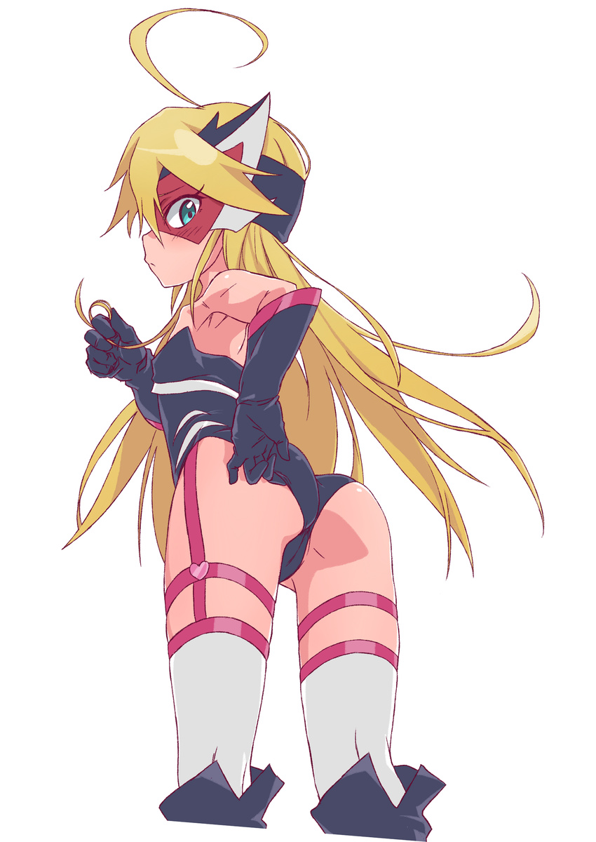 1girl adjusting_clothes adjusting_leotard ahoge armpits ass blonde_hair blue_eyes blush boots cameltoe doronjo from_behind gloves highres knee_boots leopard_(yatterman) leotard long_hair looking_back mask solo thigh_strap thighhighs time_bokan_(series) very_long_hair yatterman yoru_no_yatterman
