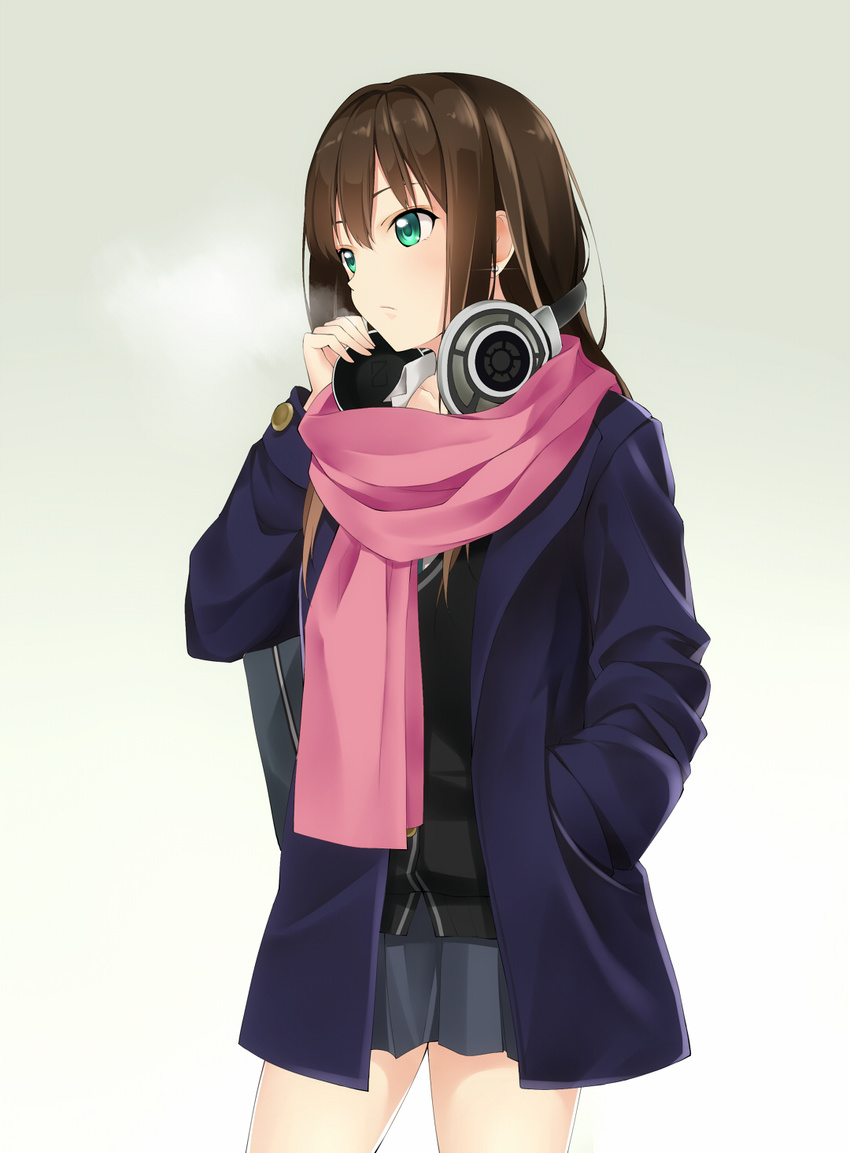 breath brown_hair coat green_eyes hand_in_pocket headphones headphones_around_neck highres idolmaster idolmaster_cinderella_girls long_hair qiuzhi_huiyi scarf school_uniform sennheiser shibuya_rin skirt solo winter_clothes