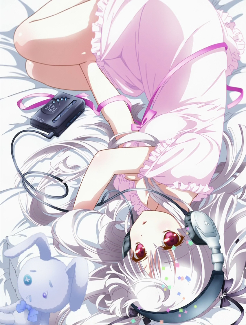 absolute_duo bed cassette_player headphones highres long_hair nightgown red_eyes screencap silver_hair solo stuffed_animal stuffed_bunny stuffed_toy yurie_sigtuna