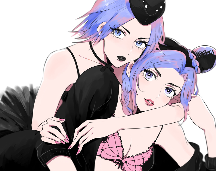 black_hair black_lipstick blue_eyes blue_hair double_bun genderswap genderswap_(mtf) hat jojo_no_kimyou_na_bouken kuujou_jolyne lipstick makeup mike_(tomatomato244) multicolored_hair multiple_girls nail_polish narciso_anasui short_hair two-tone_hair