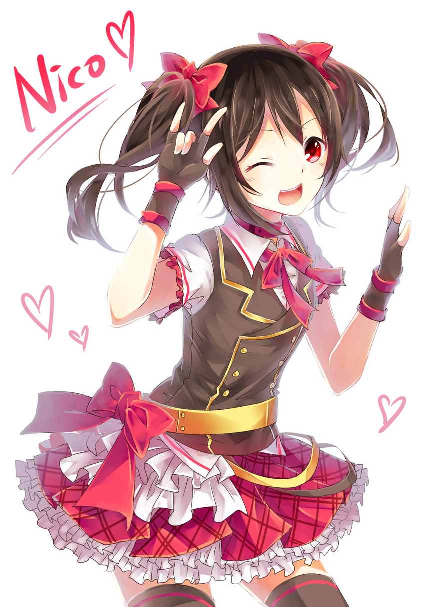 ;d \m/ black_hair bow character_name costume_request cowboy_shot fingerless_gloves frilled_skirt frills gloves hair_bow heart highres jpeg_artifacts kam_(kkying2008) looking_away love_live! love_live!_school_idol_project one_eye_closed open_mouth red_eyes short_sleeves simple_background skirt smile solo thighhighs twintails white_background yazawa_nico zettai_ryouiki