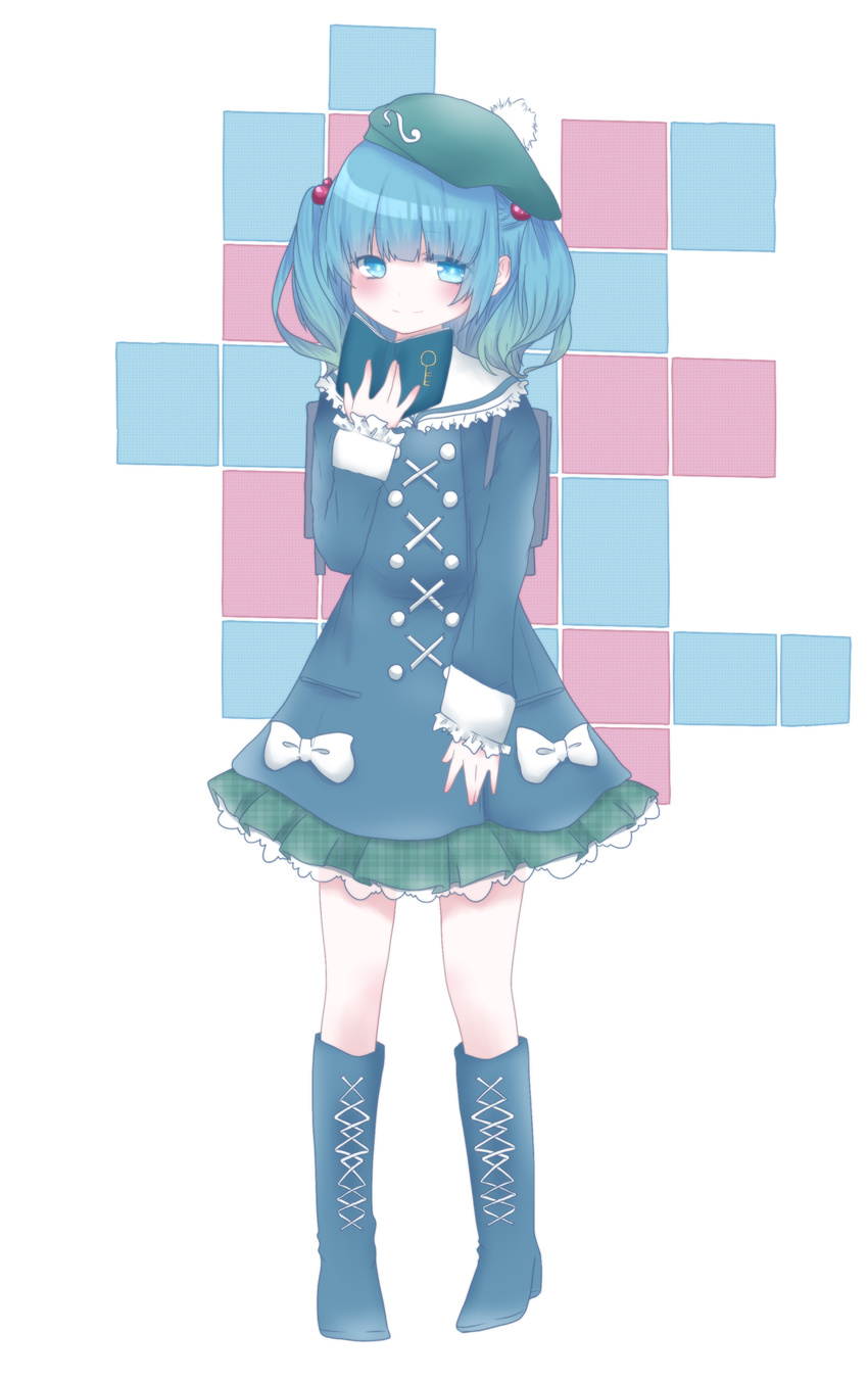 absurdres alternate_costume aqua_eyes bag blue_eyes blue_footwear blue_hair boots coat cross-laced_footwear dress frilled_shirt_collar frilled_skirt frills full_body gradient_hair green_hair hair_bobbles hair_ornament hat highres kawashiro_nitori key kyun_(vacaloid) lace-up_boots long_sleeves looking_at_viewer multicolored_hair notebook pleated_skirt ribbon school_bag short_hair skirt solo tassel touhou two_side_up