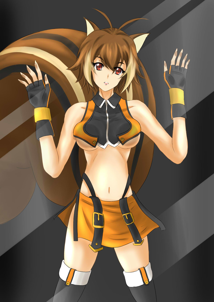 1girl against_glass against_screen animal_ears antenna_hair arc_system_works artist_request blazblue breast_press breasts brown_eyes brown_hair fingerless_gloves fourth_wall gloves large_breasts looking_at_viewer makoto_nanaya midriff miniskirt navel open_mouth short_hair skirt smile solo squirrel_ears squirrel_tail thighhighs underboob