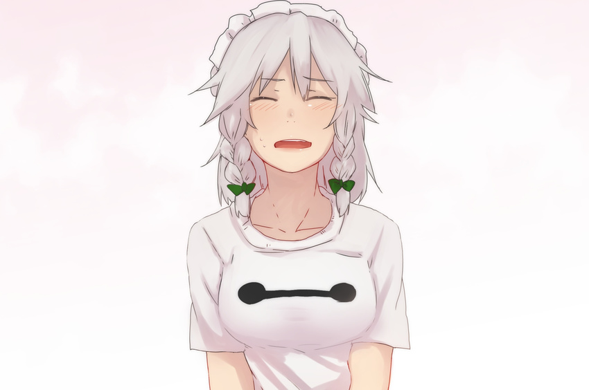 alternate_costume arms_at_sides baymax baymax_(cosplay) big_hero_6 braid closed_eyes cosplay highres izayoi_sakuya pink_background shirt short_hair silver_hair solo terimayo touhou twin_braids white_shirt