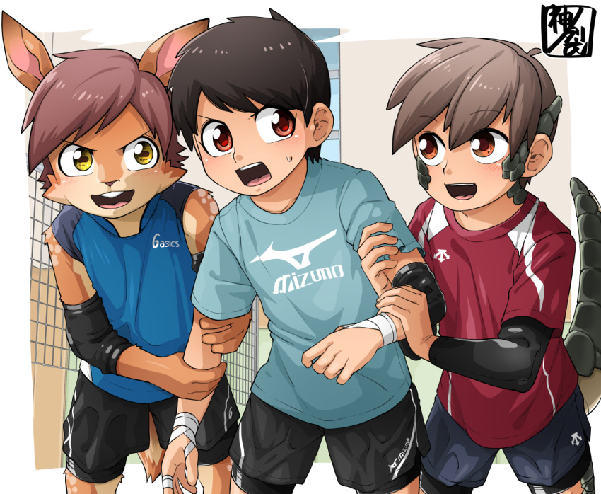 animal_humanoid anthro cervid clothed clothing fully_clothed human humanoid kaminosaki male mammal scalie scalie_humanoid shikame_akihiro sport sportswear takuya_yamashita volleyball young yuuya_habu